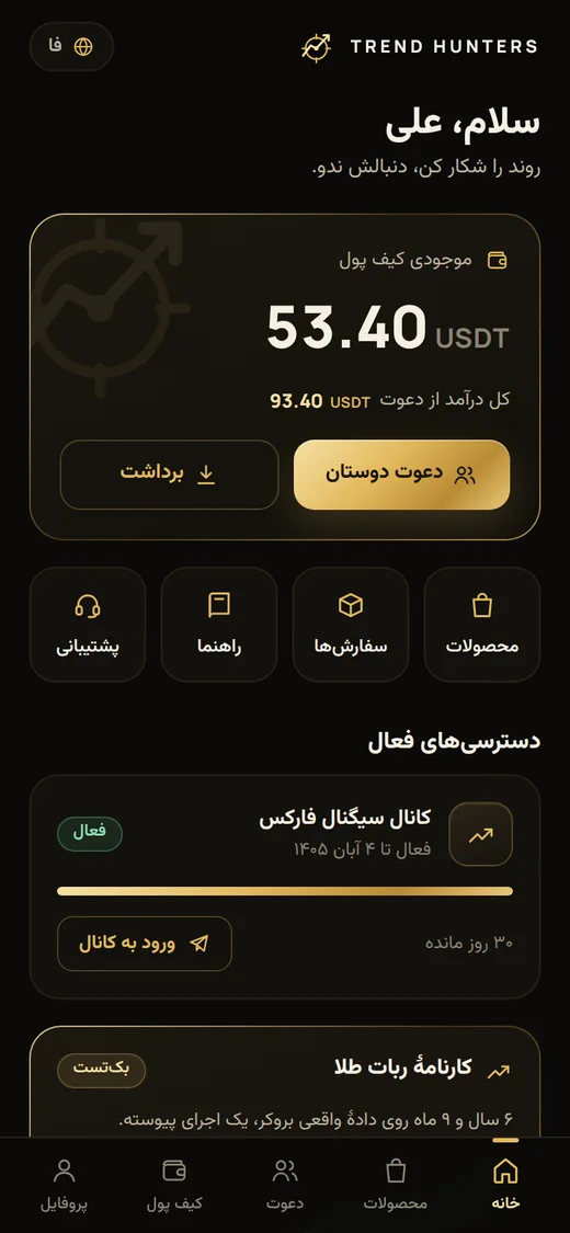 صفحهٔ خانهٔ اپ Trend Hunters در تلگرام